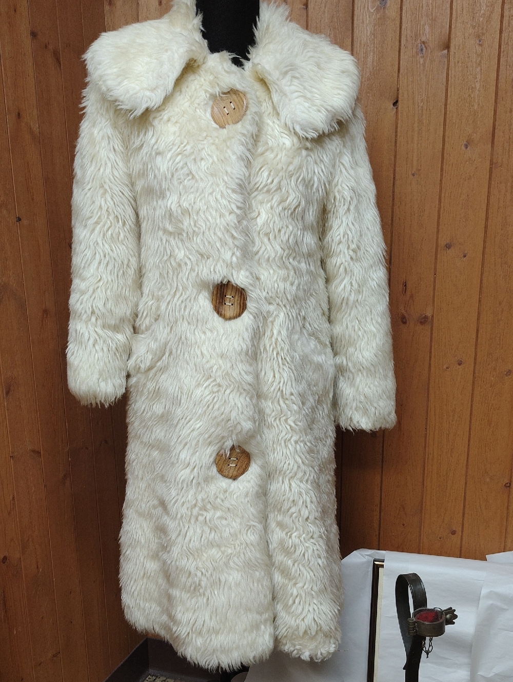 Nikki's Of Hollywood Faux Fur Long Coat with Wood Buttons